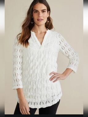 Soft Surroundings Priya Knit Lace White Textured V-Neck Women’s Tunic Top XL NWT